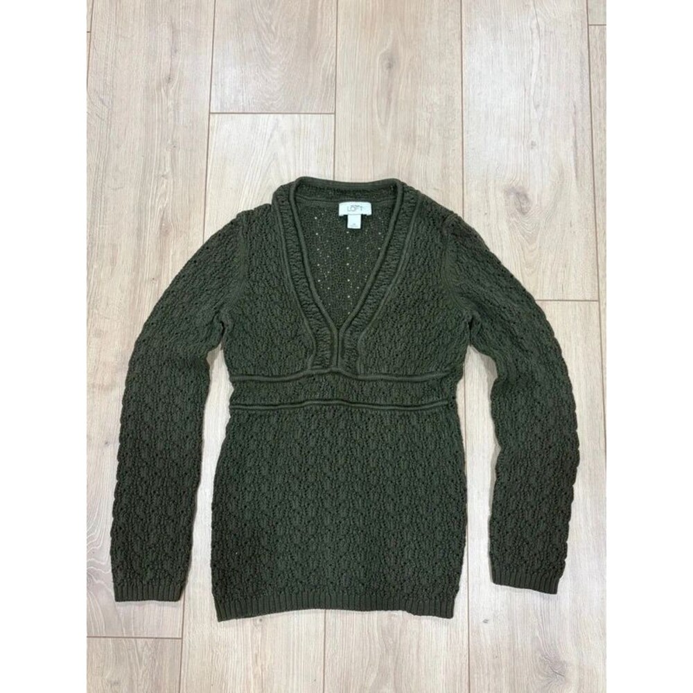 LOFT Olive Green 100% Cotton Cable Knit V Neck Sweater Medium